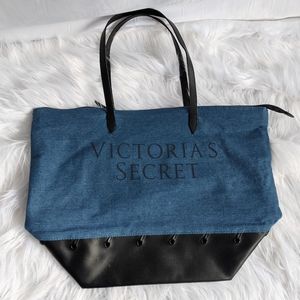 Victoria's Secret Denim & Leather Lace Up Tote Bag